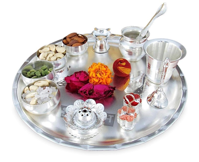 NOBILITY Pooja Thali Set Silver Plated Large 12 Inch Puja Thali for Diwali Decoration Gift Items Festival Ethnic Puja Thali for Temple Office Home Wedding Return Gifts - Image 3